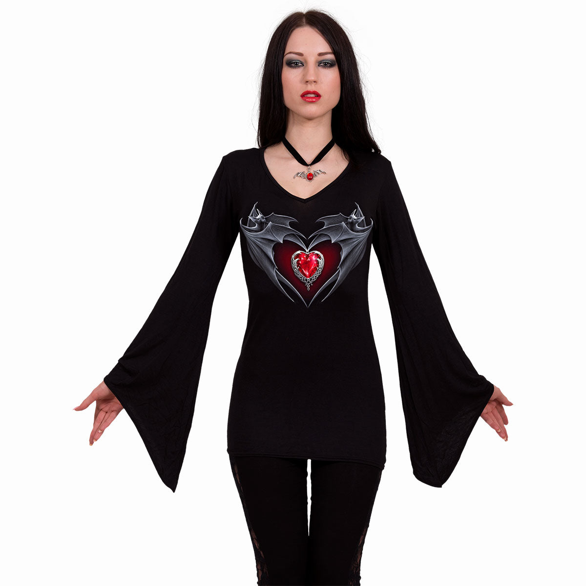 SPIRAL - BAT'S HEART - V NECK GOTH SLEEVE TOP BLACK