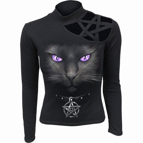 SPIRALE - SCHWARZE KATZE - PENTAGRAMM SCHULTER LANGARMSHIRT