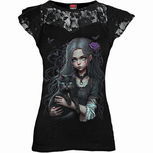 SPIRAL - GOTH FAMILIAR - LACE LAYERED CAP SLEEVE TOP BLACK