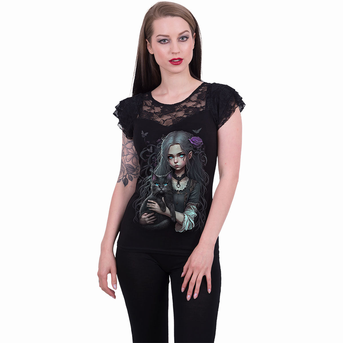 SPIRAL - GOTH FAMILIAR - LACE LAYERED CAP SLEEVE TOP BLACK