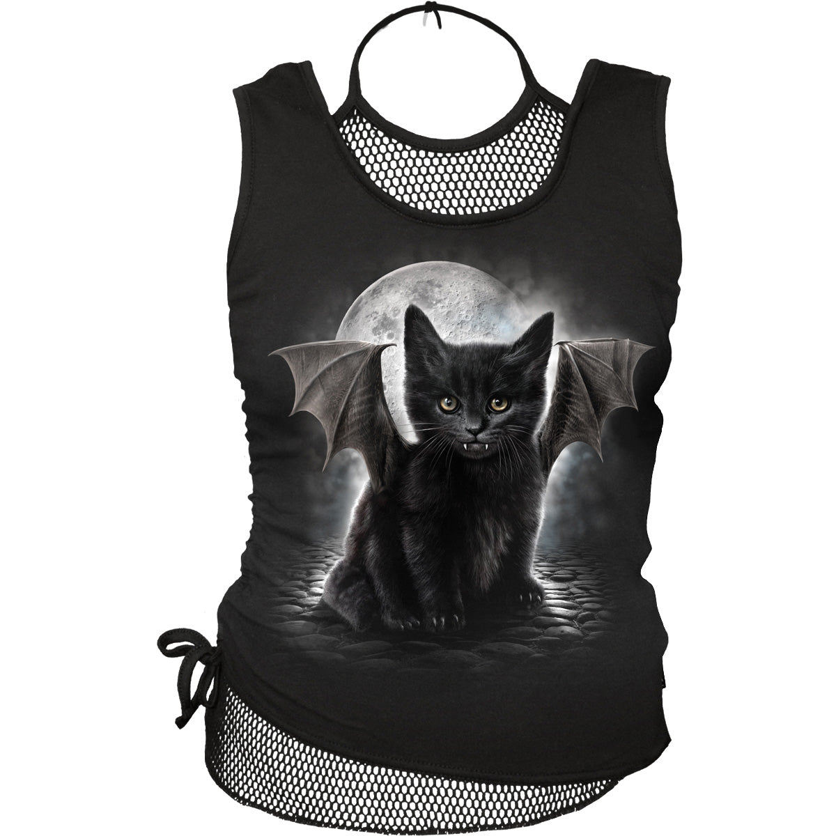 SPIRAL - BAT CAT - 2in1 Neck Tie Mesh Top Black