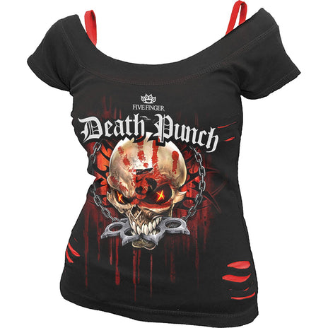 FIVE FINGER DEATH PUNCH- ASESINO - 2EN1 ROJO RIPPED TOP NEGRO