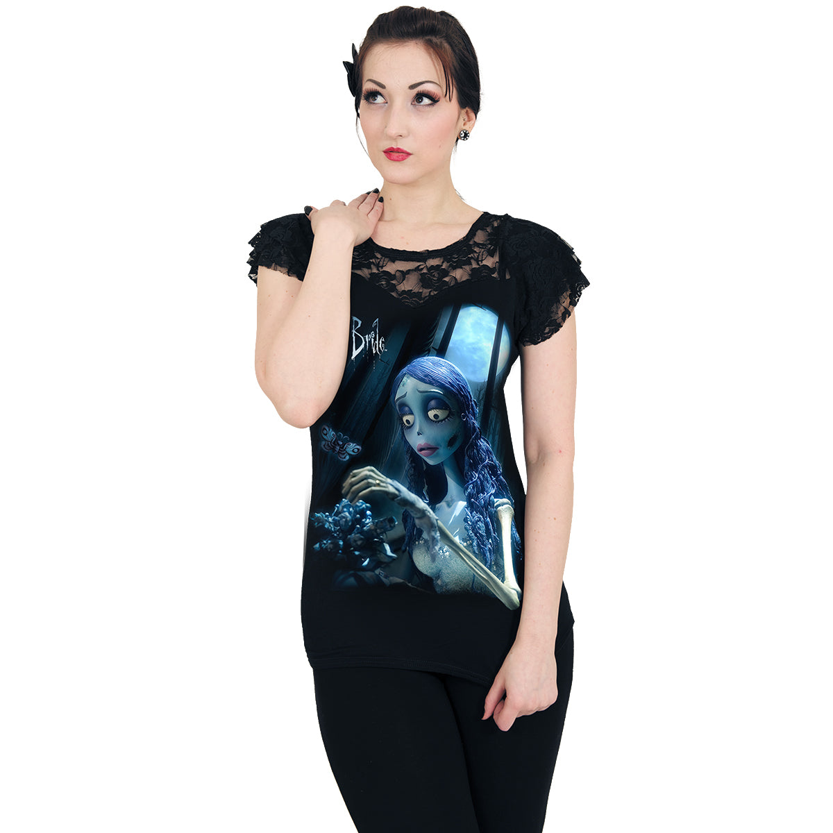 SPIRAL - CORPSE BRIDE - GLOW IN THE DARK - Top de encaje con mangas casquillo Negro