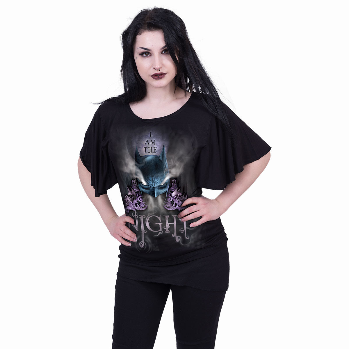 BATMAN - I AM THE NIGHT - BOAT NECK BAT SLEEVE TOP BLACK