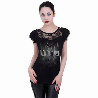 BATMAN - I AM VENGEANCE - TOP CON MANICA A CAPPUCCIO IN PIZZO NERO