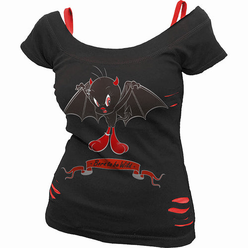 TWEETY BIRD - BORN TO BE WILD - 2IN1 RED RIPPED TOP BLACK