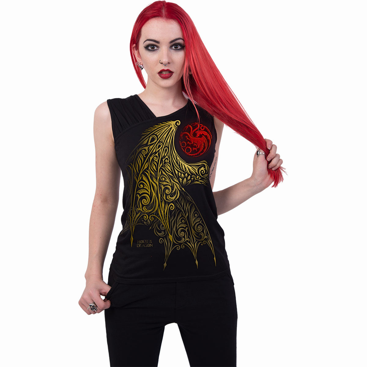 HOUSE OF DRAGONS - WING LOGO - GATHERED SHOULDER SLANT VEST BLACK