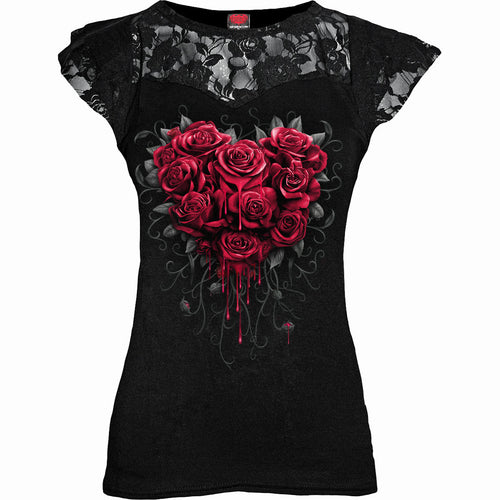 SPIRAL - BLEEDING HEART - LACE LAYERED CAP SLEEVE TOP SCHWARZ