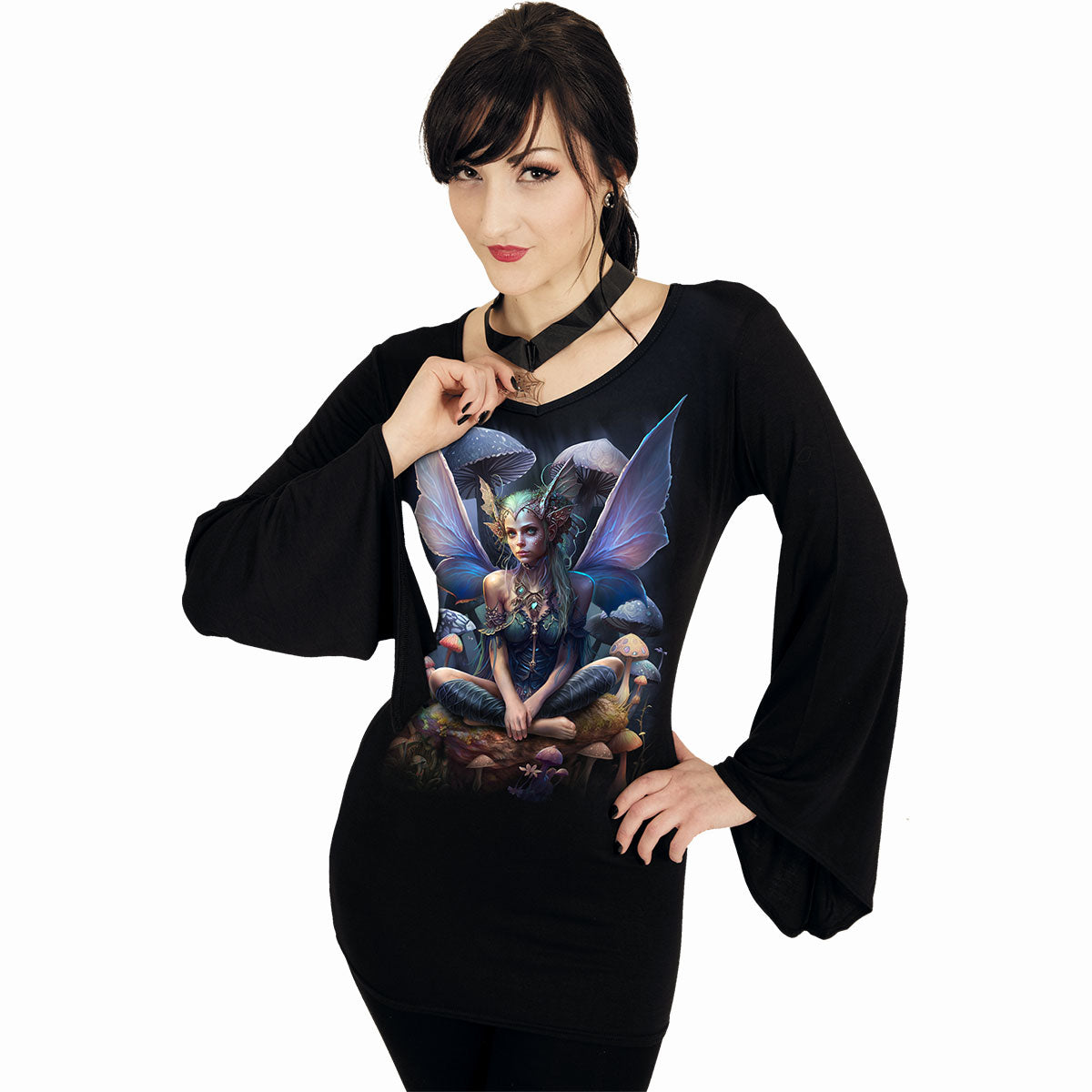 SPIRAL - MAGICAL - V NECK GOTH SLEEVE TOP BLACK