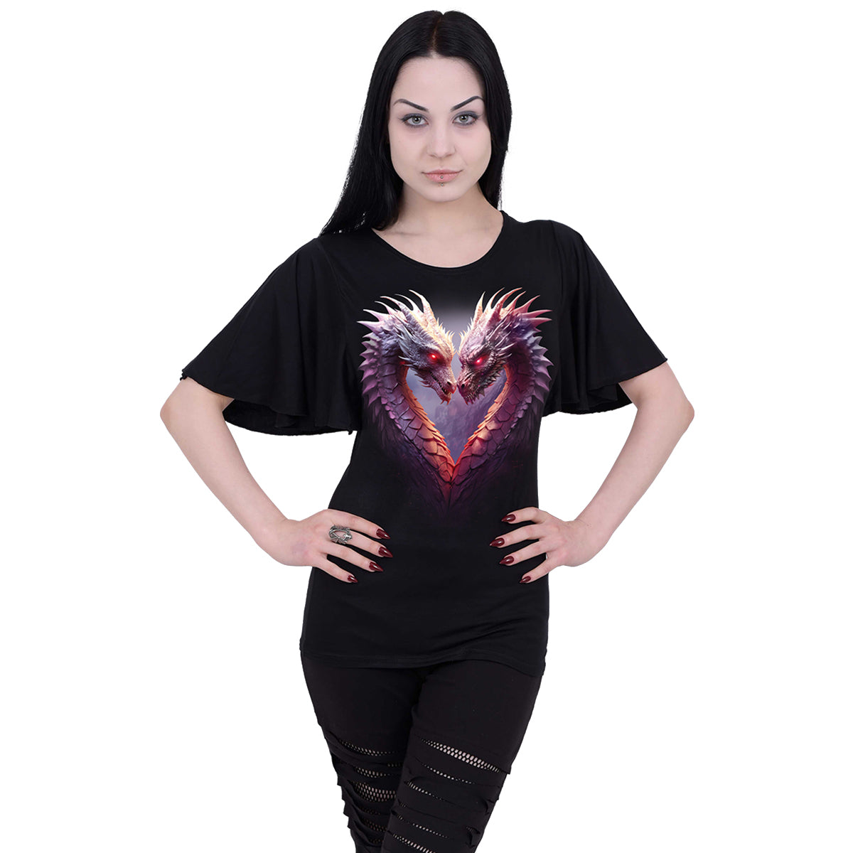 SPIRAL - HEART OF DRAGONS - BOAT NECK BAT SLEEVE TOP BLACK