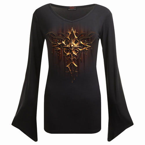 SPIRAL - DRIPPING GOLD - V NECK GOTH SLEEVE TOP SCHWARZ