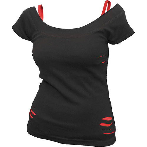 SPIRALE - URBAN FASHION - 2IN1 ROT GERIPPTES TOP SCHWARZ