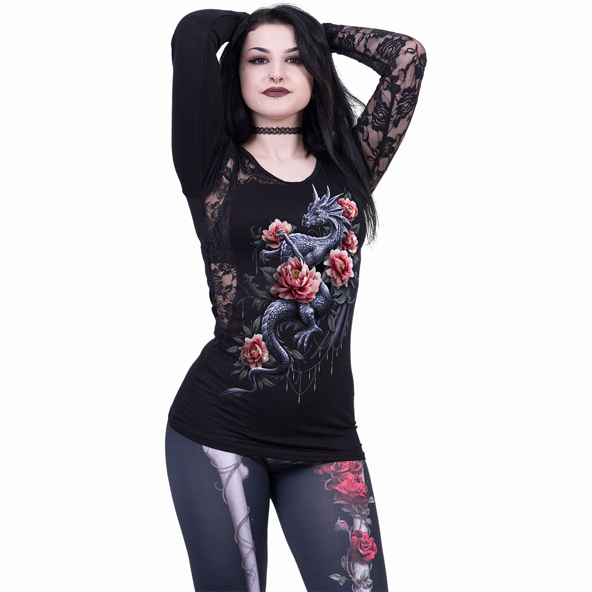 SPIRAL - DRAGON ROSE SLANT - LACE ONE SHOULDER TOP BLACK