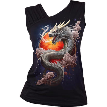 SPIRAL - SUN DRAGON - Gathered Shoulder Slant Vest Black